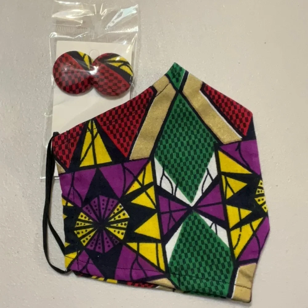 Hand Crafted Ankara African Print Face Mask and Button Earrings Purple Red Gold